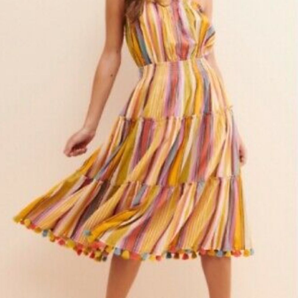 Anthropologie Multicolor Strapless Dress with Pom-Pom Hem